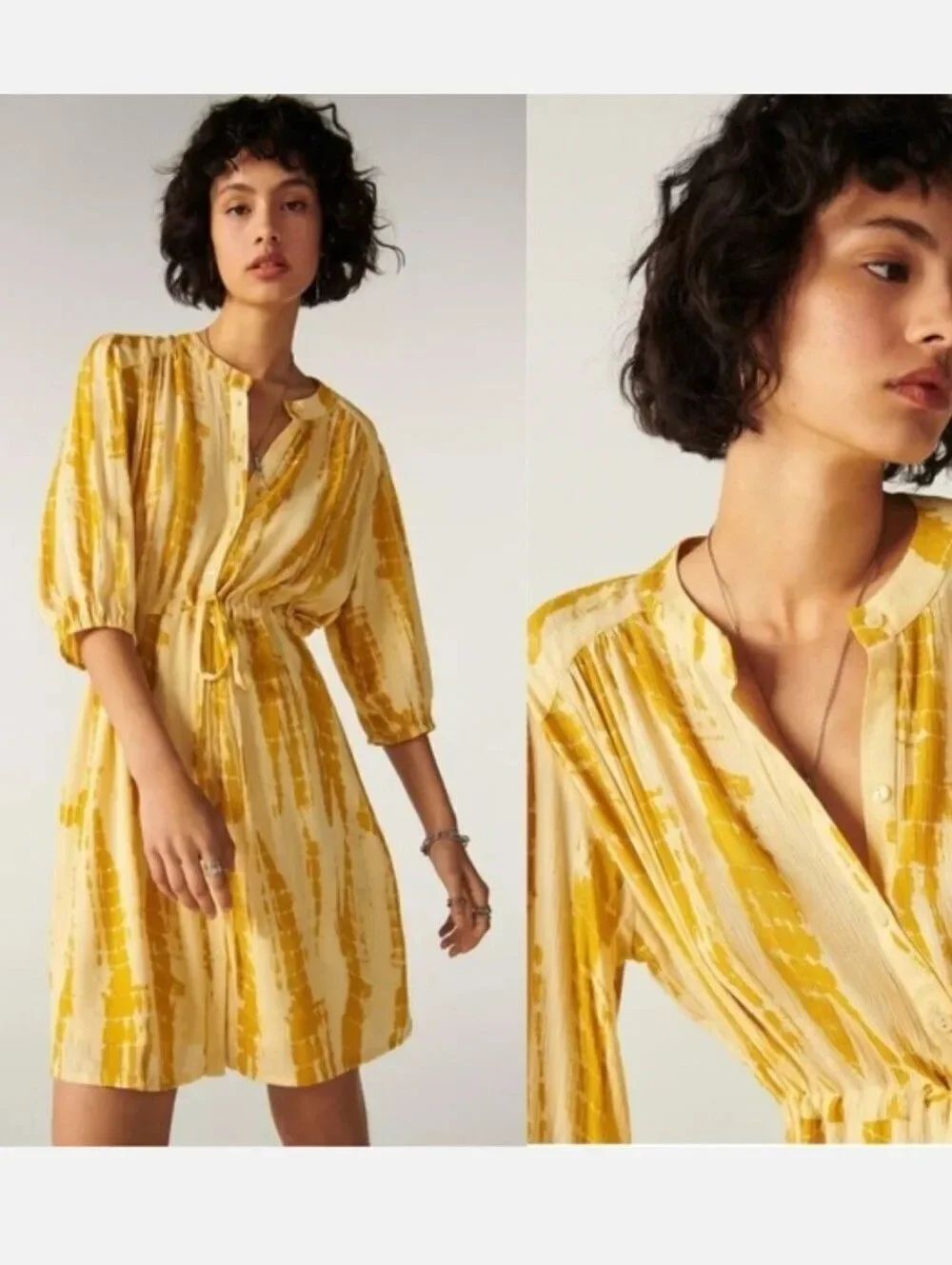 ba&sh Kenya Yellow Print Shirtdress 3/4 Sleeve Sz M